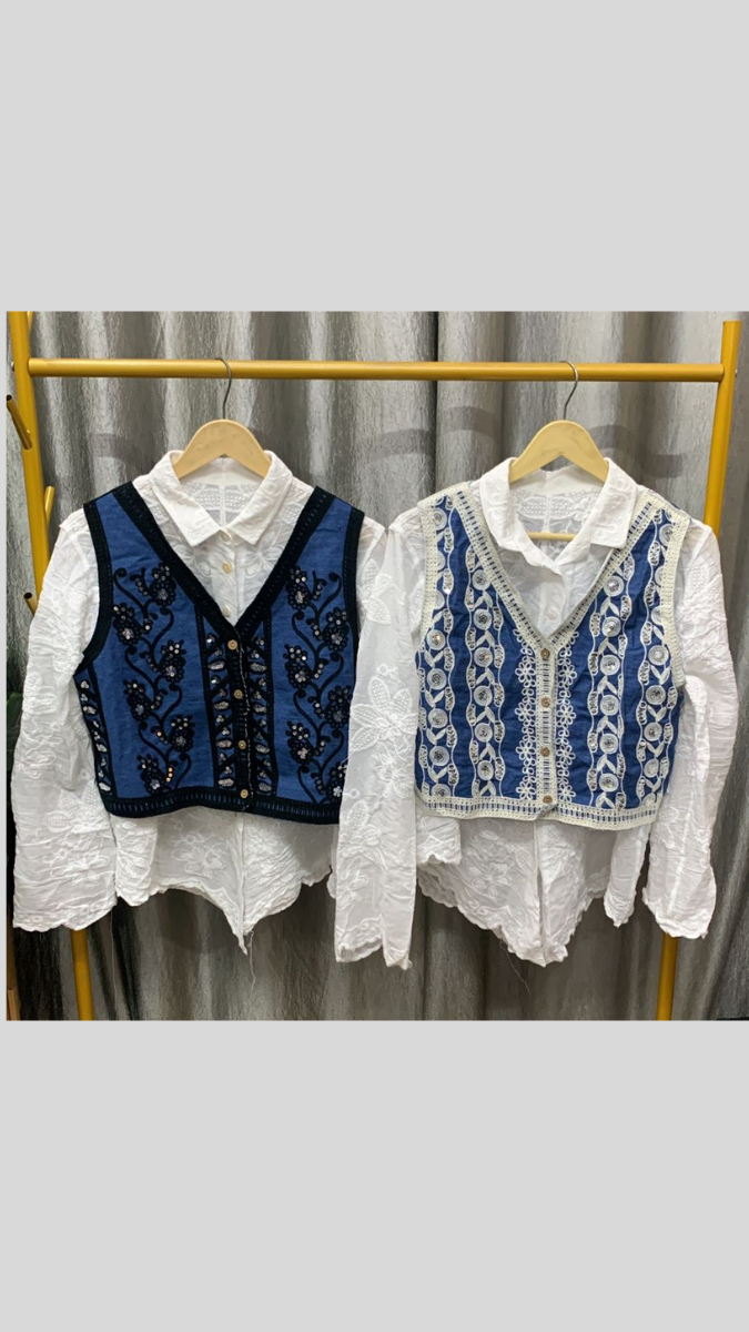 Embroidery Designed Sleeveless Jacket With Plain Shirt FC2289