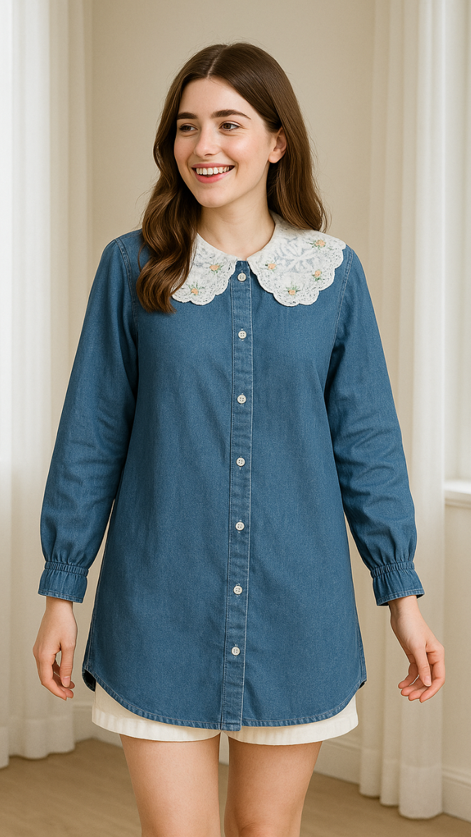 Embroidery Collar Denim Shirt FC1473