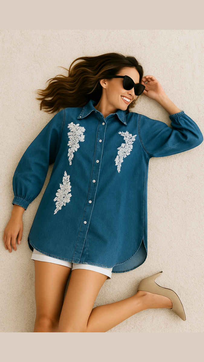 Embroidery Lace Embedded Denim Shirt FC1565