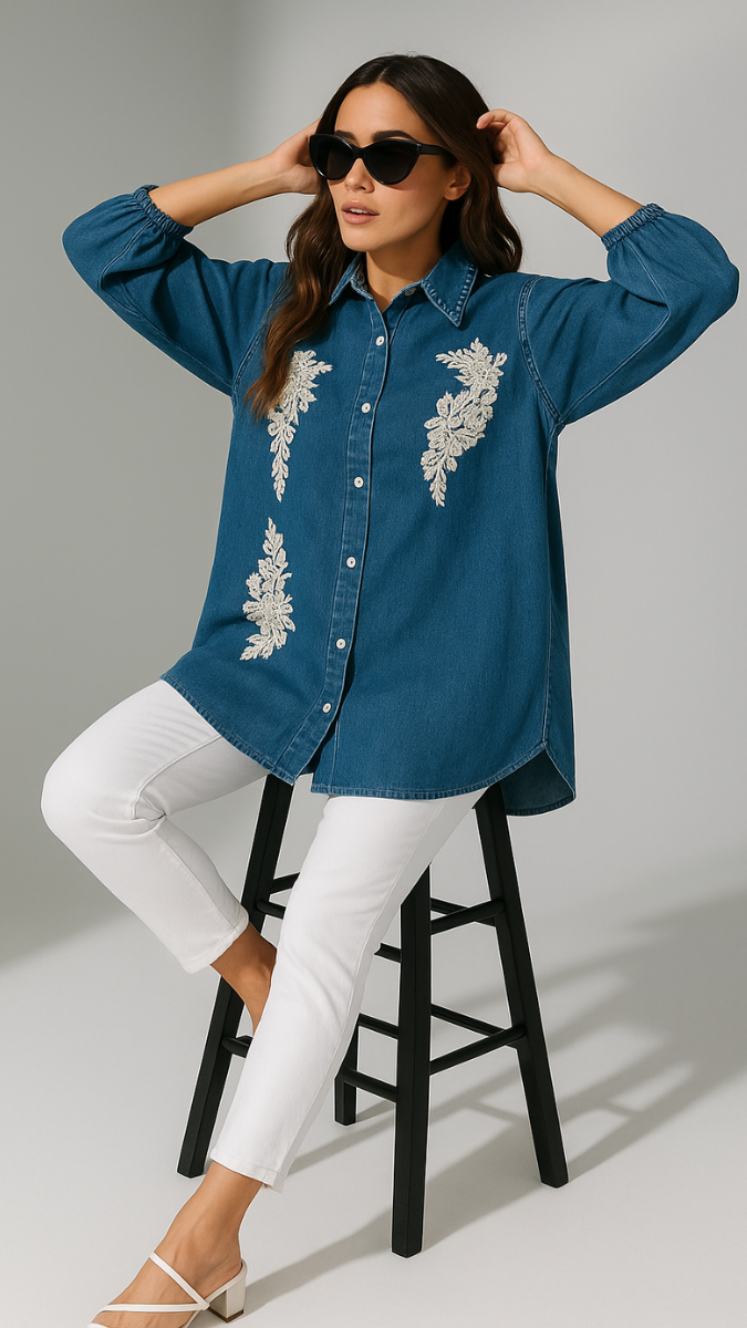 Embroidery Lace Embedded Denim Shirt FC1565