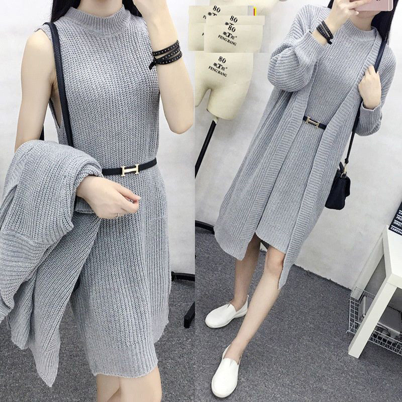 FC Two Piece Long Cardigan Crew Neck Sweater Dress for Women