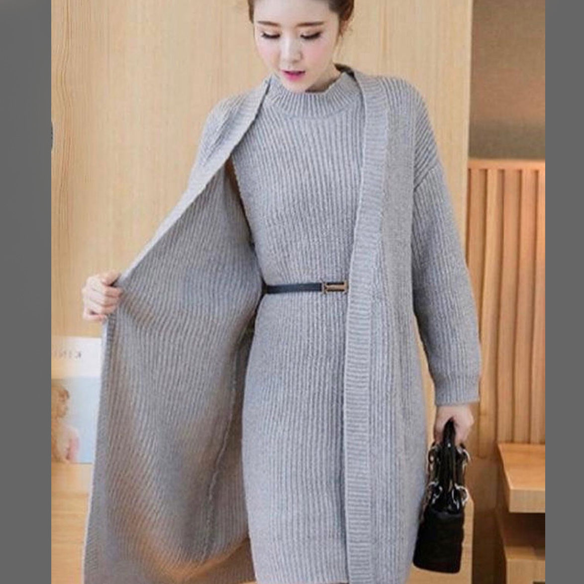 FC Two Piece Long Cardigan Crew Neck Sweater Dress for Women