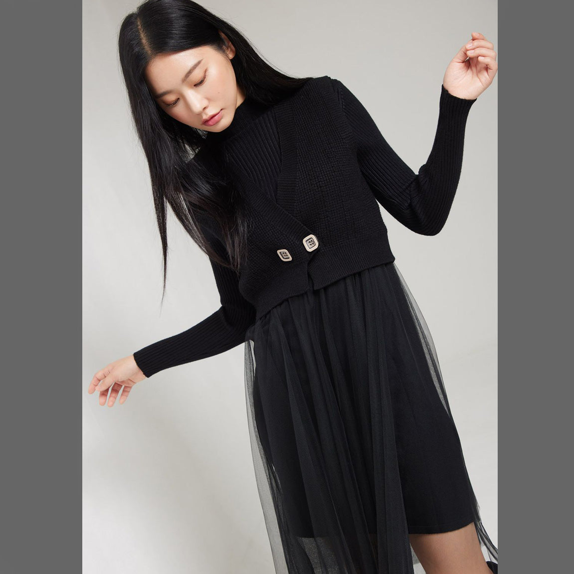 FC Irregular Pleated A-Line Mesh Midi with high neck and long sleeves Dress