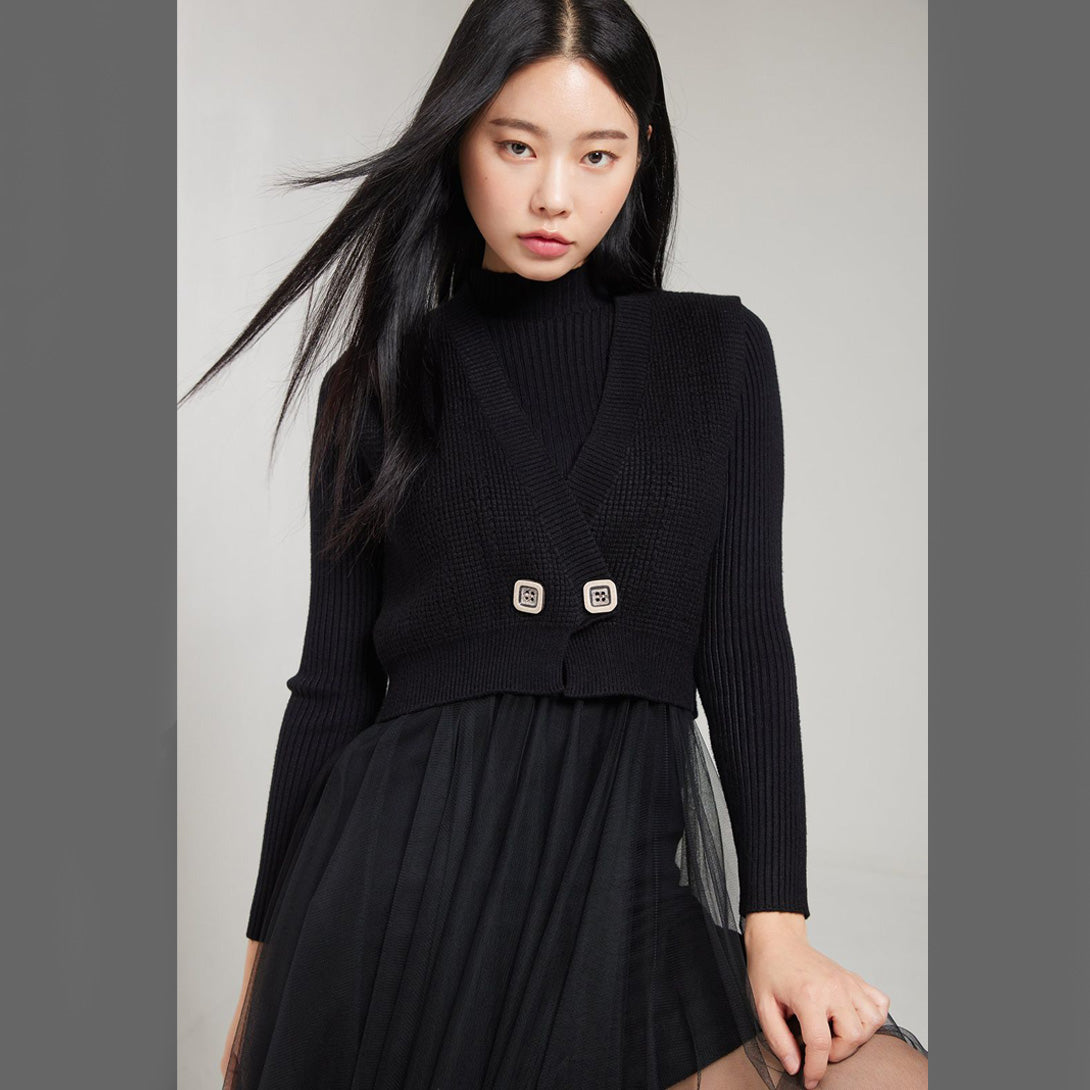 FC Irregular Pleated A-Line Mesh Midi with high neck and long sleeves Dress