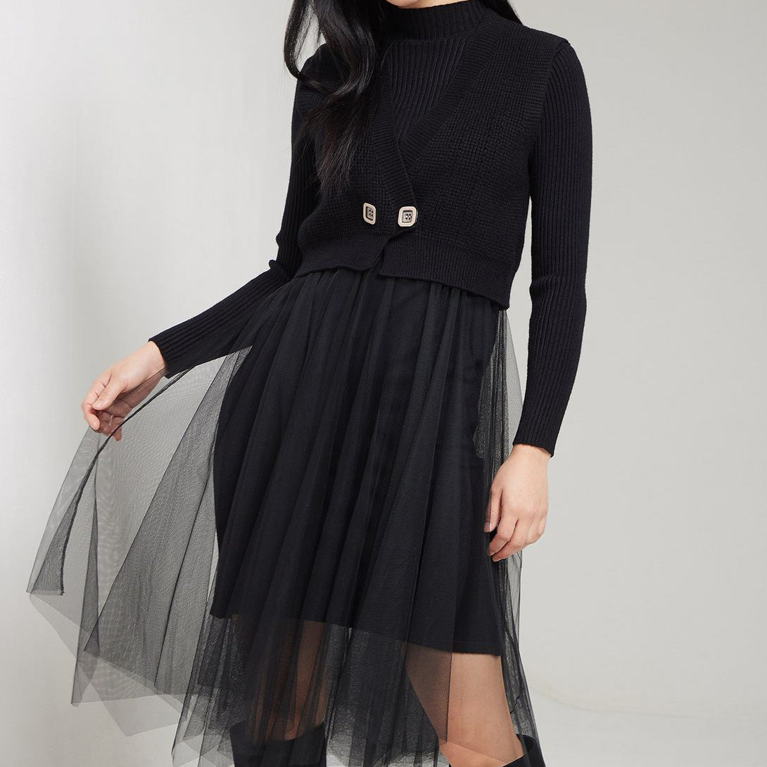 FC Irregular Pleated A-Line Mesh Midi with high neck and long sleeves Dress