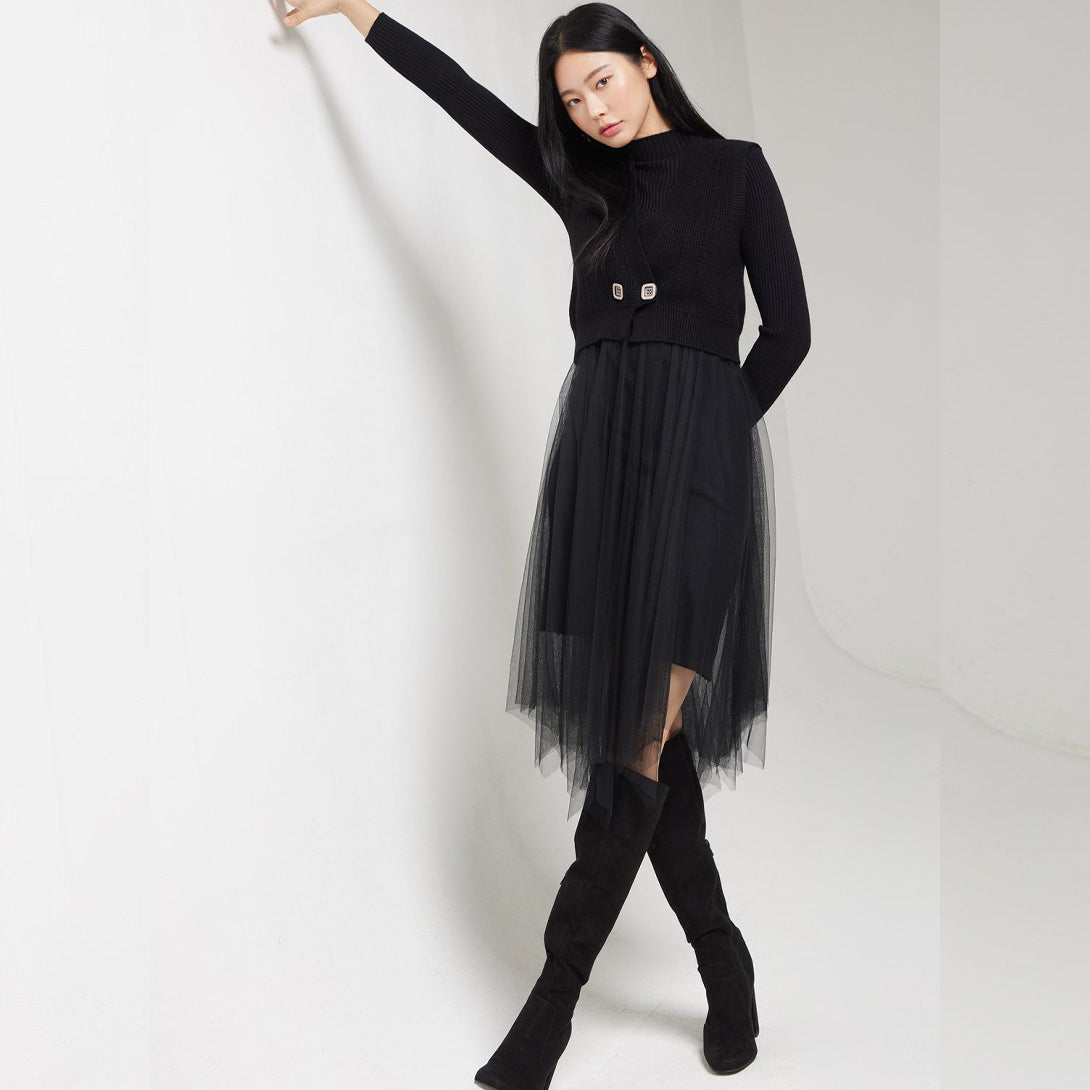 FC Irregular Pleated A-Line Mesh Midi with high neck and long sleeves Dress