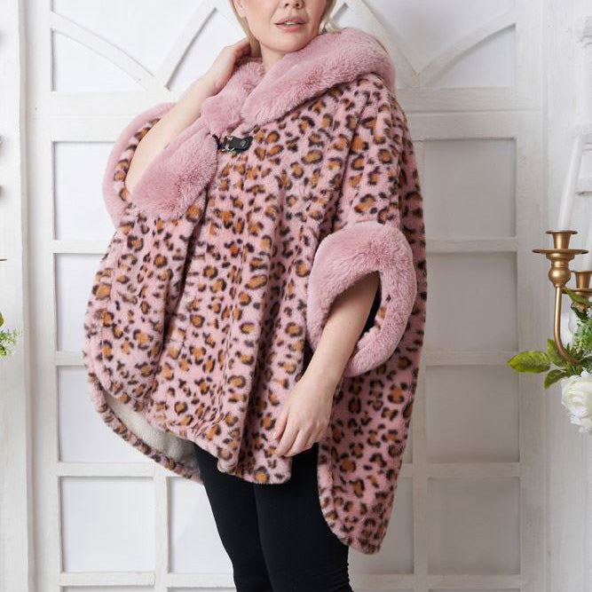 FC Luxurious Winter Faux Fur Trim Knitted Fluffy Cape Poncho