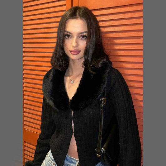 FC knit Cardigan with detachable Faux Furr Collar Women Sweater
