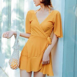 Fc Elegant Short Sleeve Ruffle Trim Swim Dress