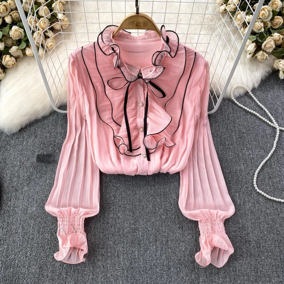 FC Women Pleated Ruffle Collar Bow Top