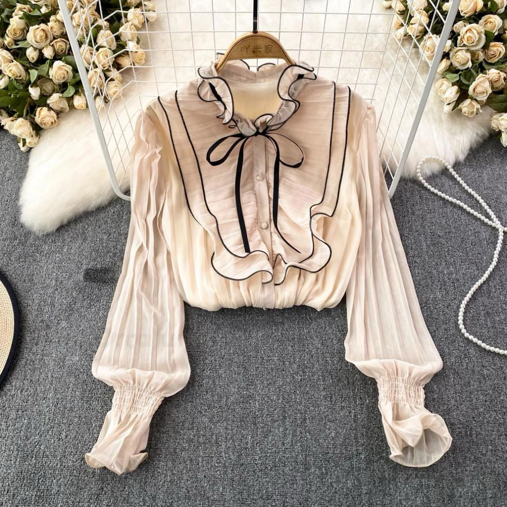 FC Women Pleated Ruffle Collar Bow Top