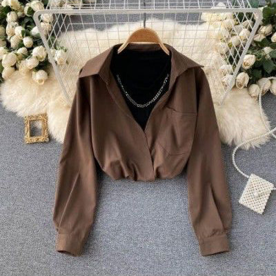 FC 2Pc Solid Loose Women Shirt with White Inner and Chain