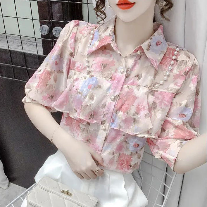 FC Women Floral Beaded Ruffle Summer Top