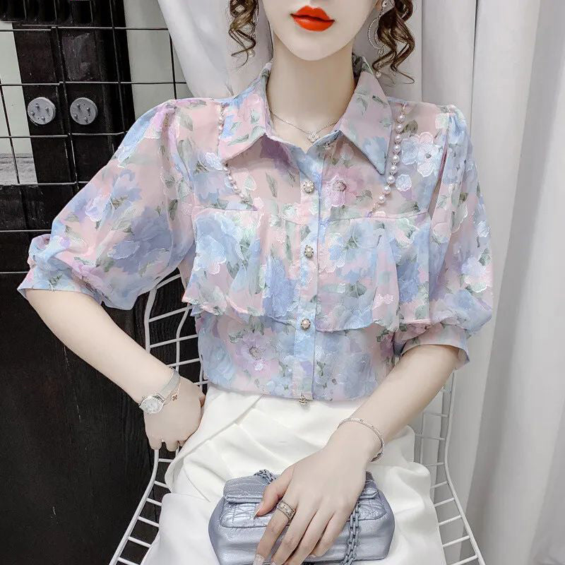 FC Women Floral Beaded Ruffle Summer Top