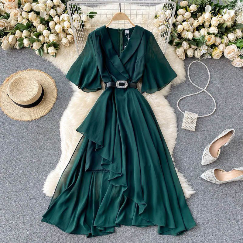 FC V Neck Irregular A-Line Evening Dress with Belt