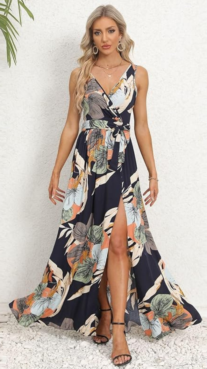 Floral Print Deep V Neck High Slit Dress FC1854