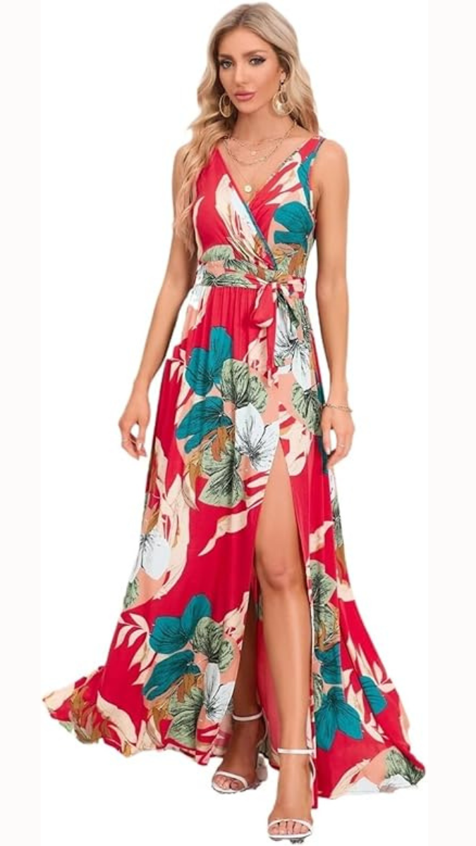 Floral Print Deep V Neck High Slit Dress FC1854