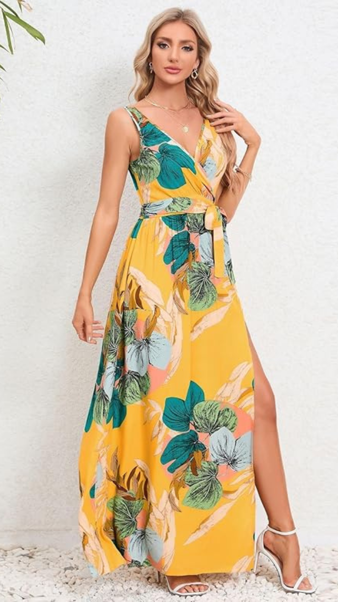 Floral Print Deep V Neck High Slit Dress FC1854