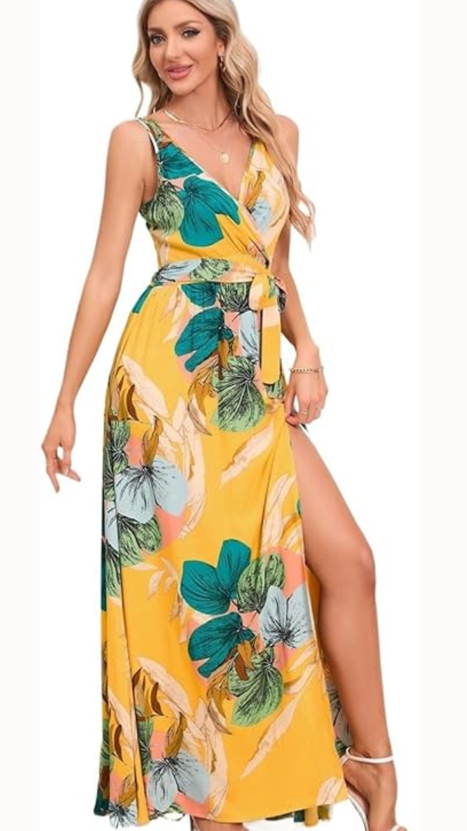 Floral Print Deep V Neck High Slit Dress FC1854