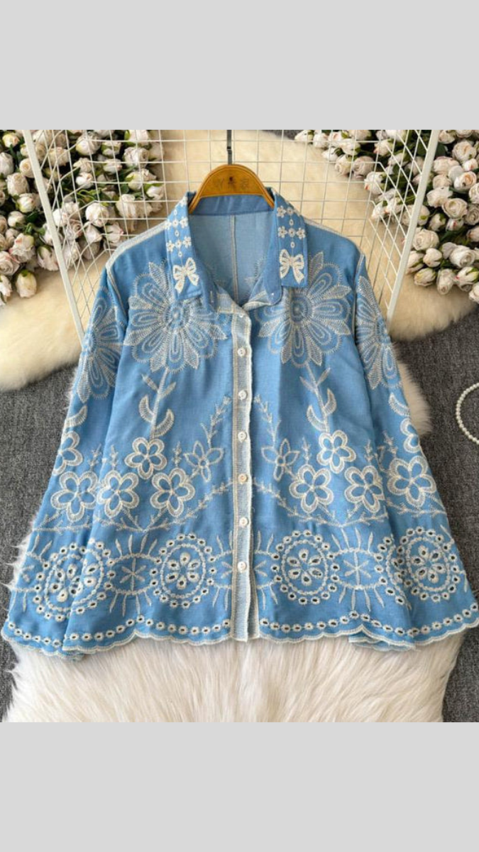 Flower Embroidery Collared Shirt FC1901