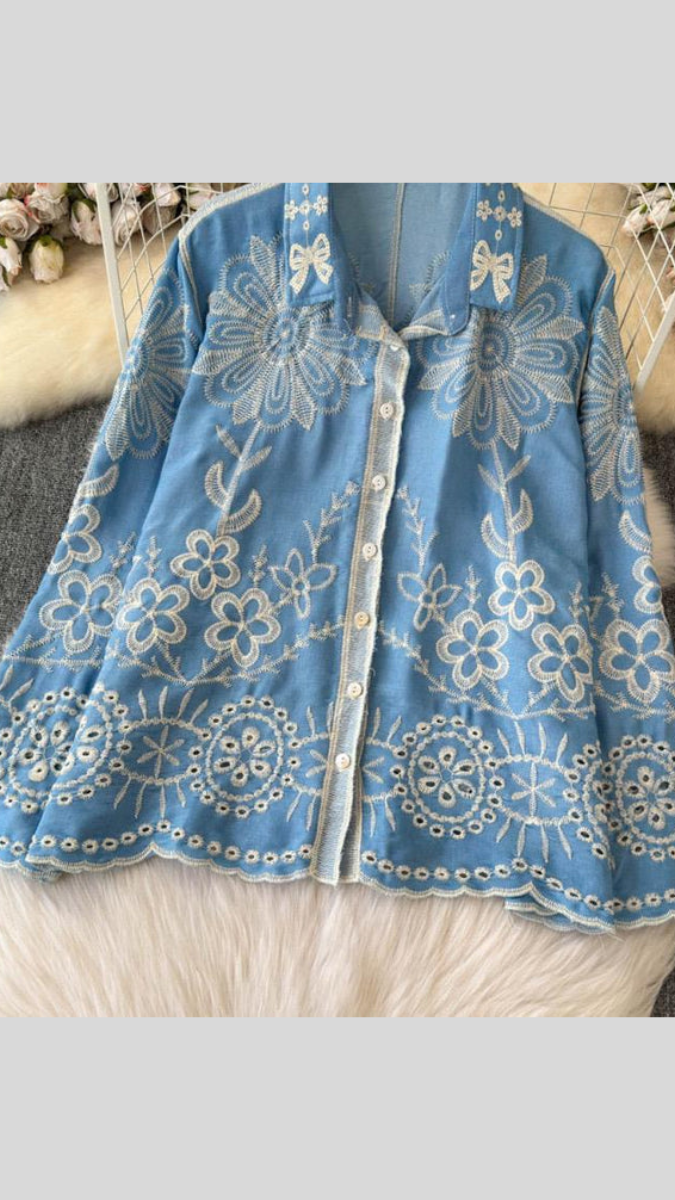 Flower Embroidery Collared Shirt FC1901