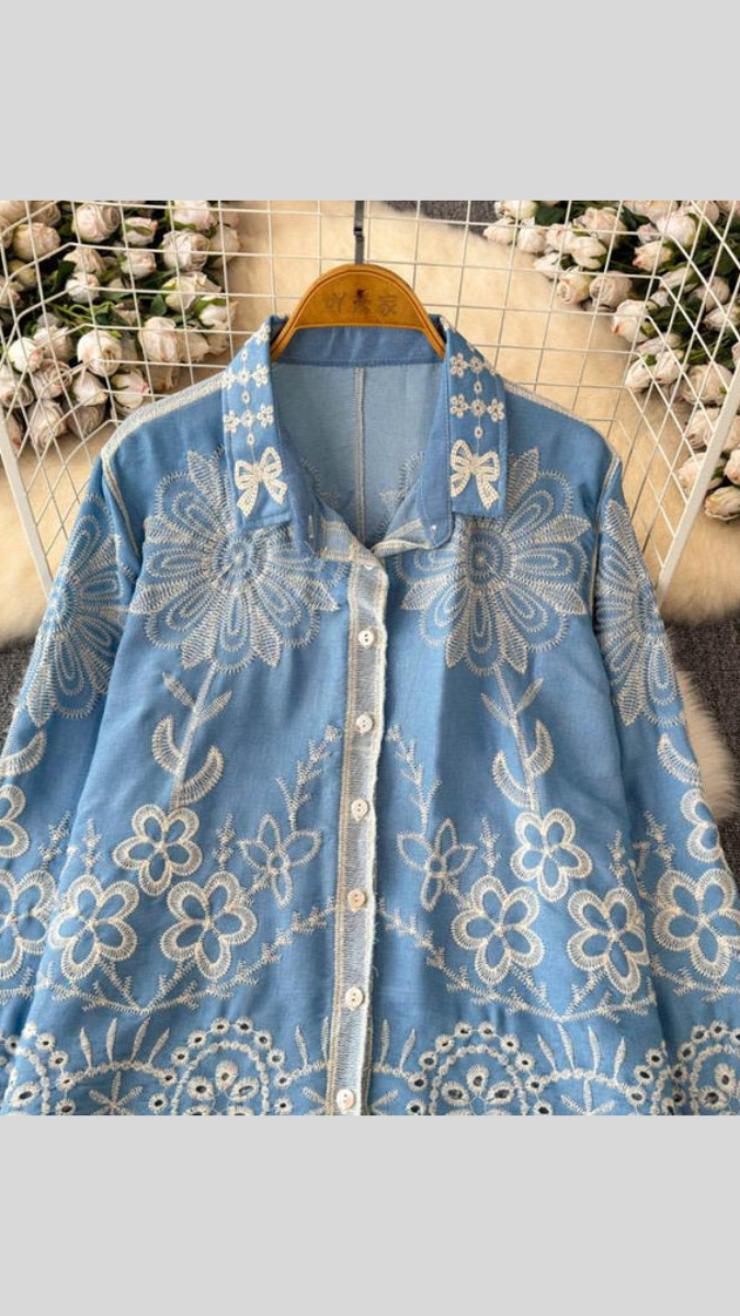 Flower Embroidery Collared Shirt FC1901