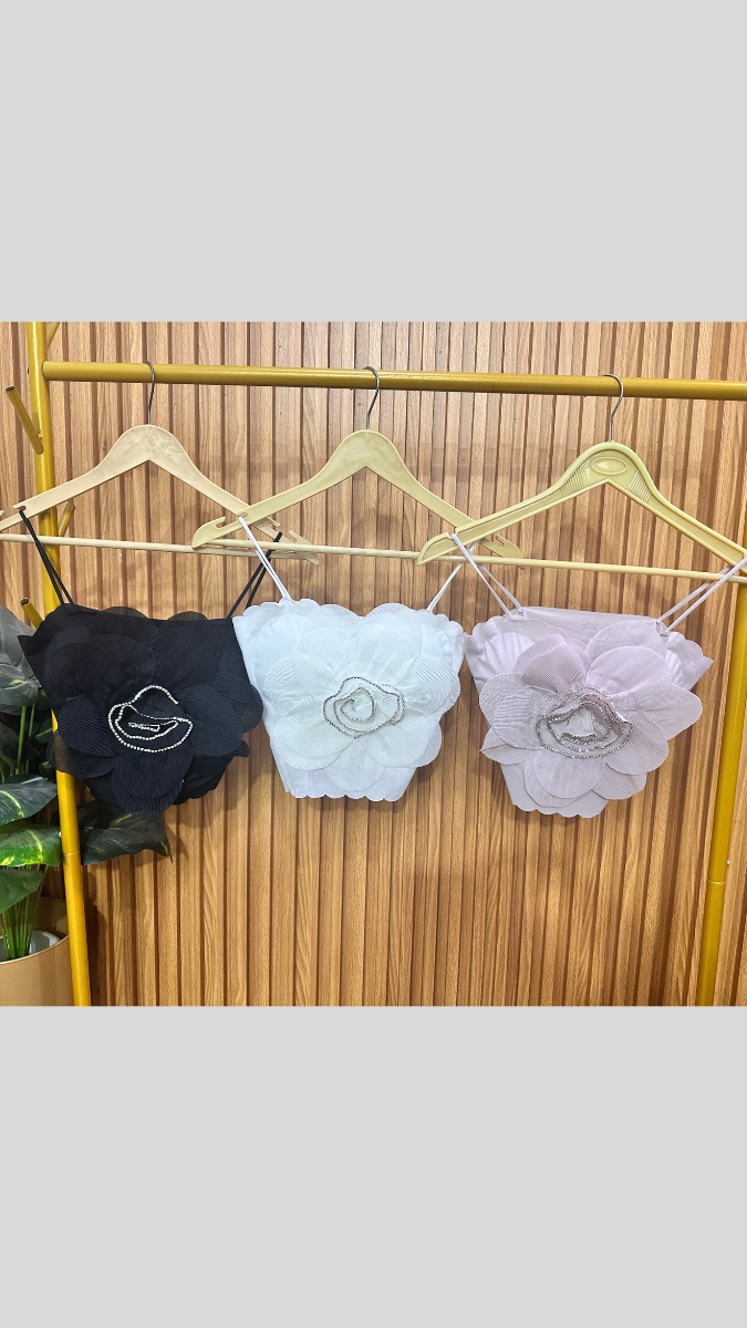 Flower With Rhinestone Strap Crop Top FC1855