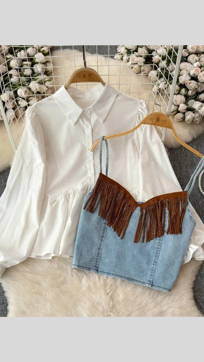 Frill Strap Sleeve Vest With Plain Shirt FC1943