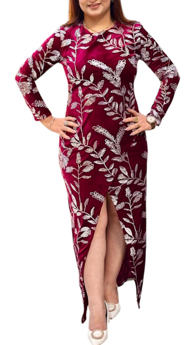Front Slit Floral Velvet Dress FC1772