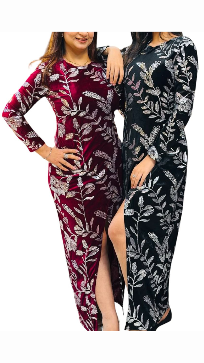 Front Slit Floral Velvet Dress FC1772