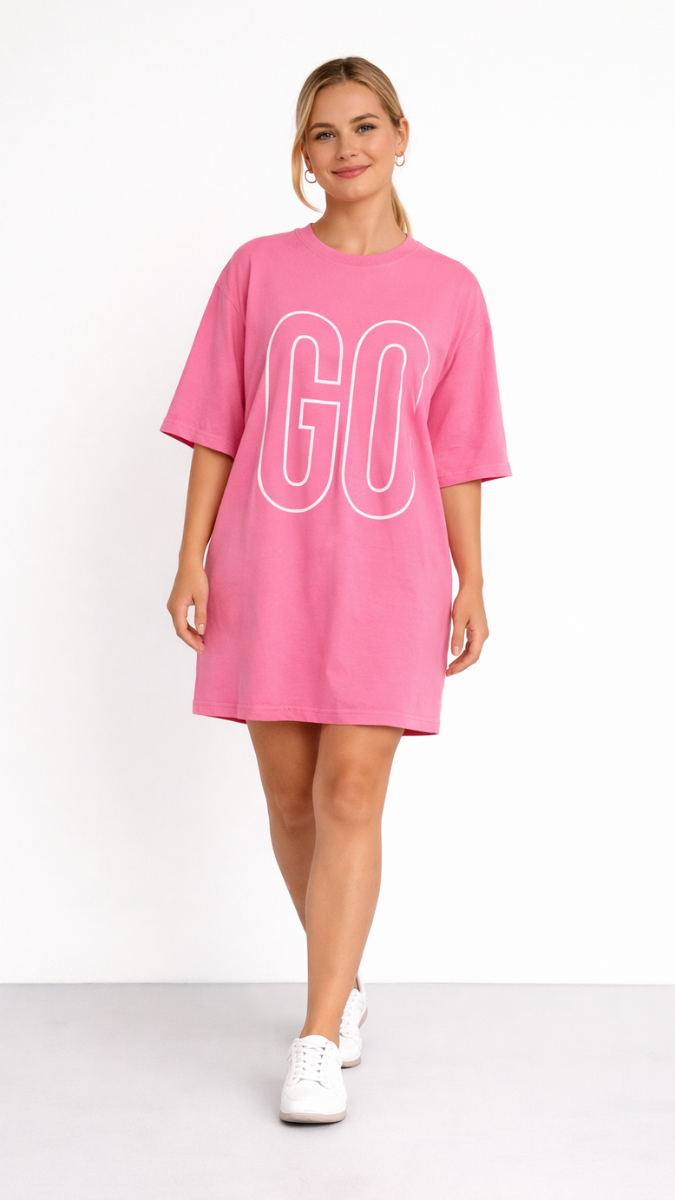 GO" Embroidery Half Sleeve Loose T-shirt Dress FC2333  Fashion Cloud