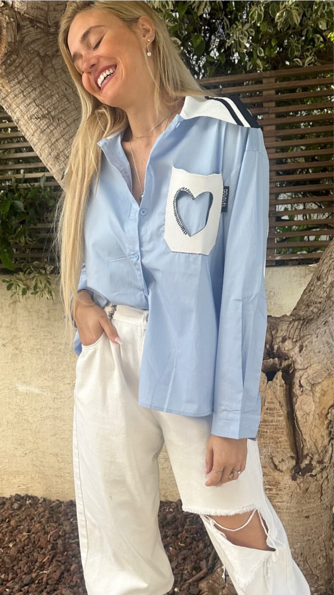 Heart Embedded Pocket Wide Collar Plain Shirt FC1851