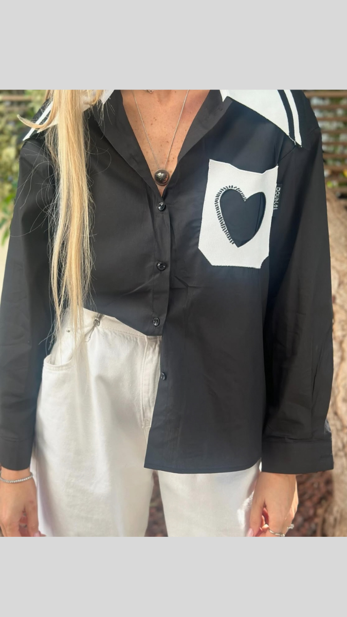 Heart Embedded Pocket Wide Collar Plain Shirt FC1851