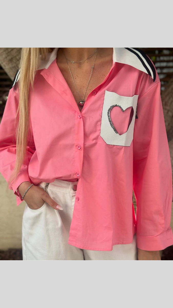 Heart Embedded Pocket Wide Collar Plain Shirt FC1851