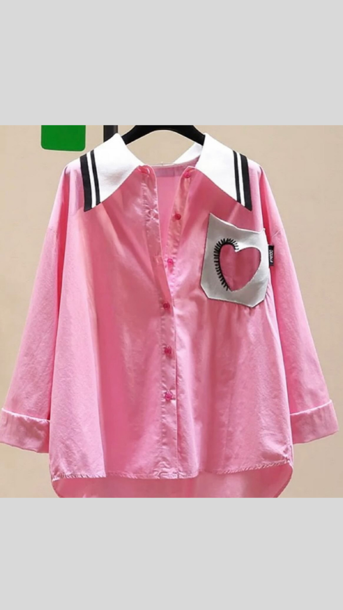 Heart Embedded Pocket Wide Collar Plain Shirt FC1851