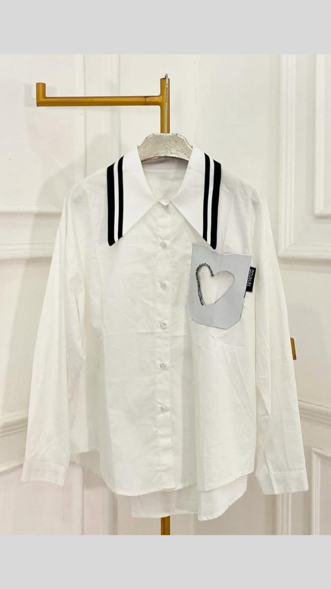 Heart Embedded Pocket Wide Collar Plain Shirt FC1851