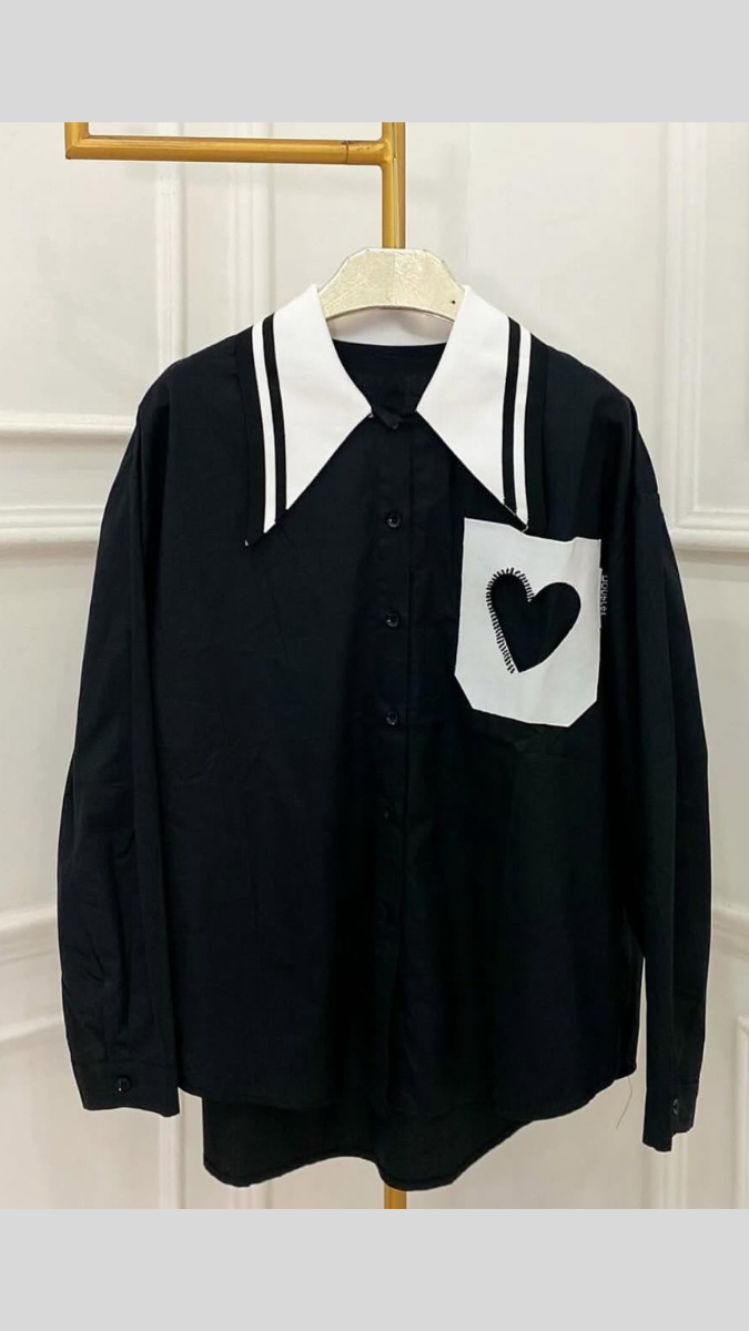 Heart Embedded Pocket Wide Collar Plain Shirt FC1851