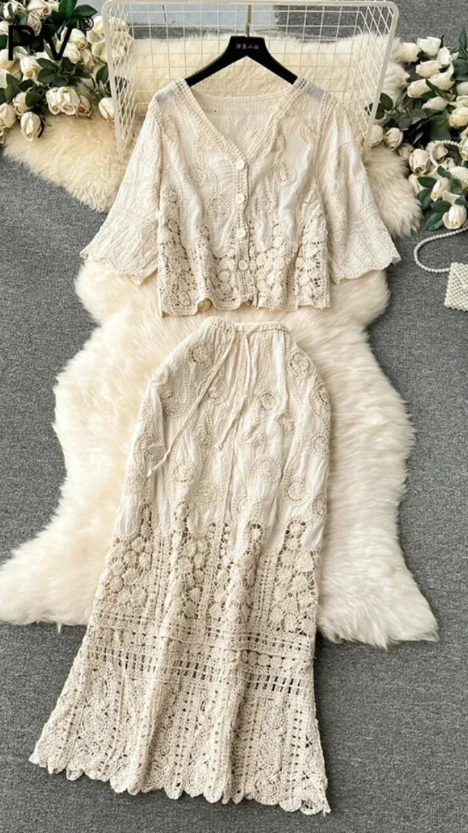 Hollow Flower Lace Long Crochet Skirt Set FC1886