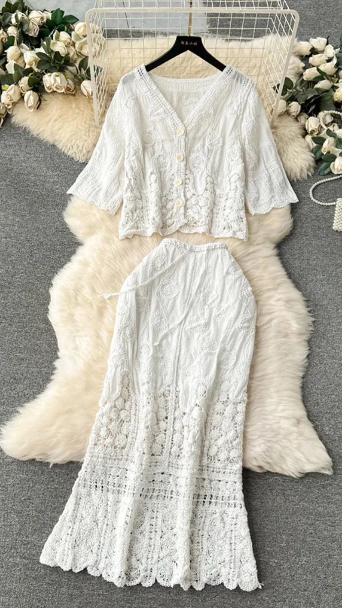 Hollow Flower Lace Long Crochet Skirt Set FC1886