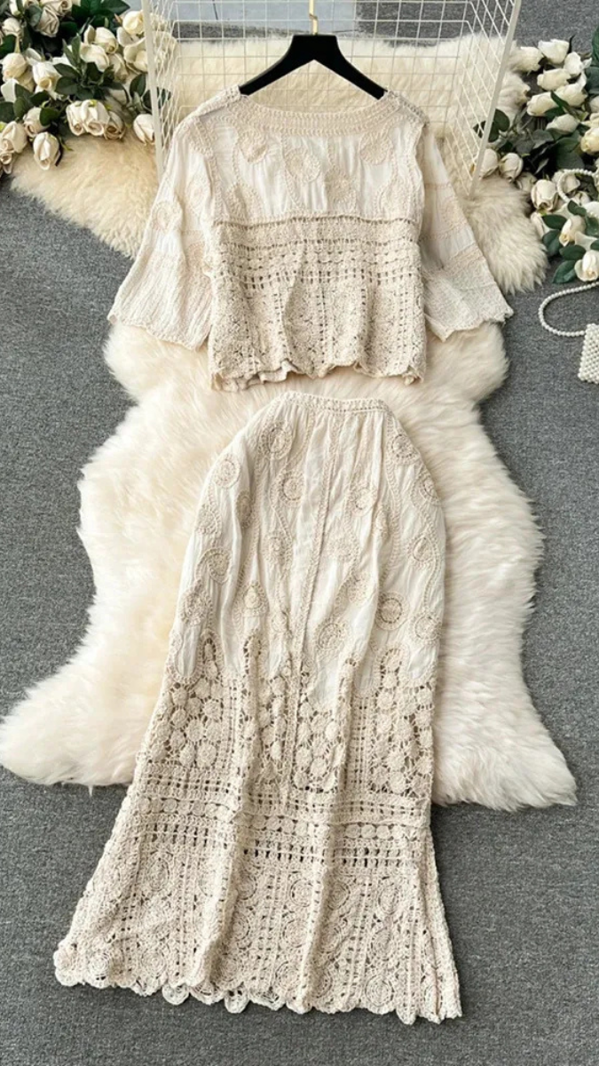 Hollow Flower Lace Long Crochet Skirt Set FC1886