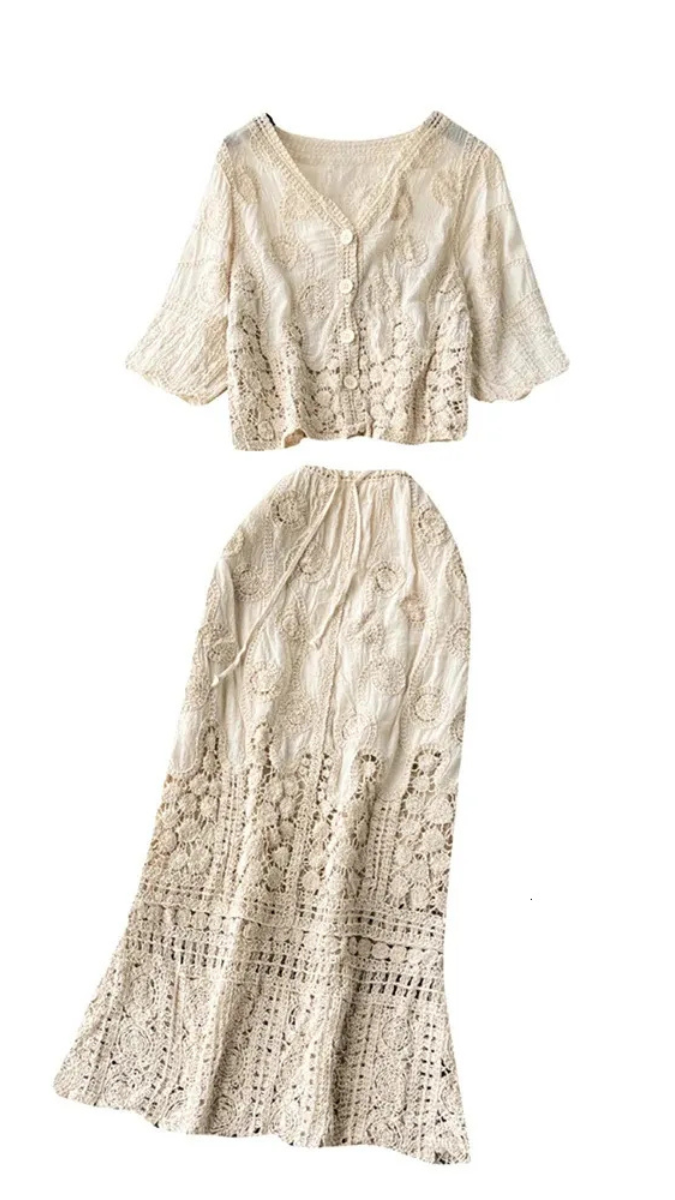 Hollow Flower Lace Long Crochet Skirt Set FC1886
