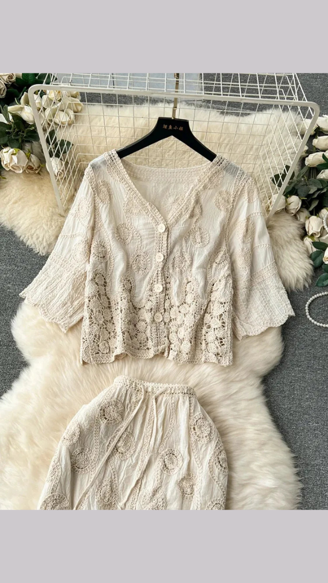 Hollow Flower Lace Long Crochet Skirt Set FC1886