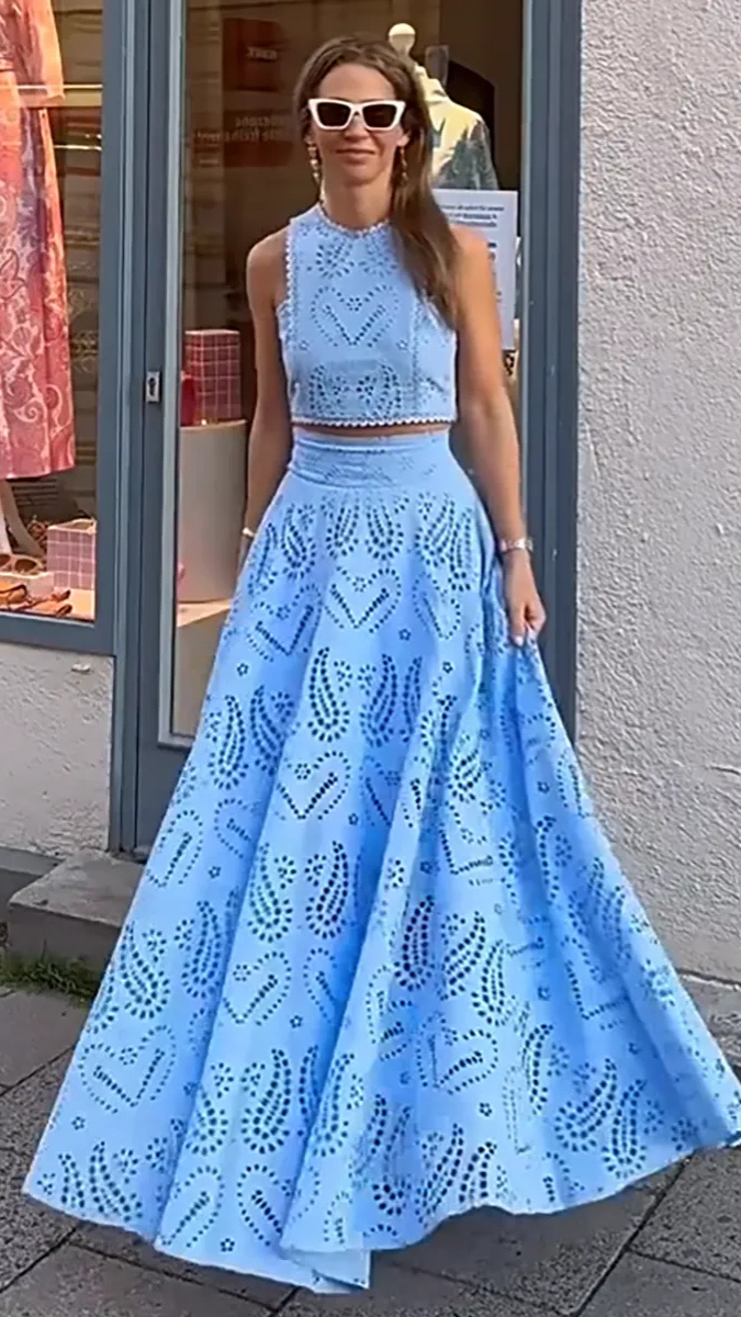Hollow Lace Embroidered Long Skirt Set FC1877