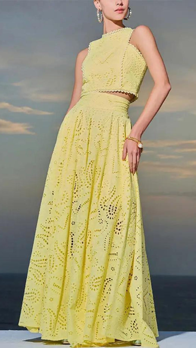Hollow Lace Embroidered Long Skirt Set FC1877