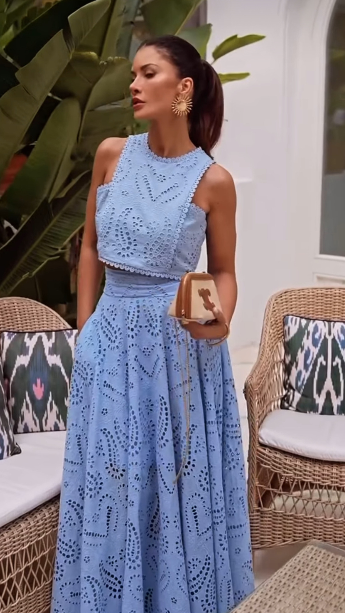 Hollow Lace Embroidered Long Skirt Set FC1877