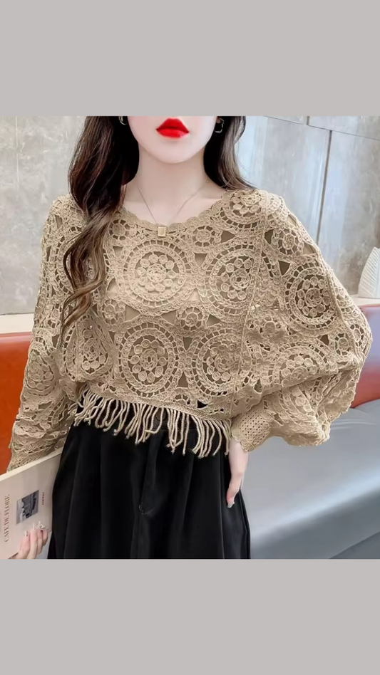Hollow Out Crochet Loose Shirt Round Neck Top FC1834