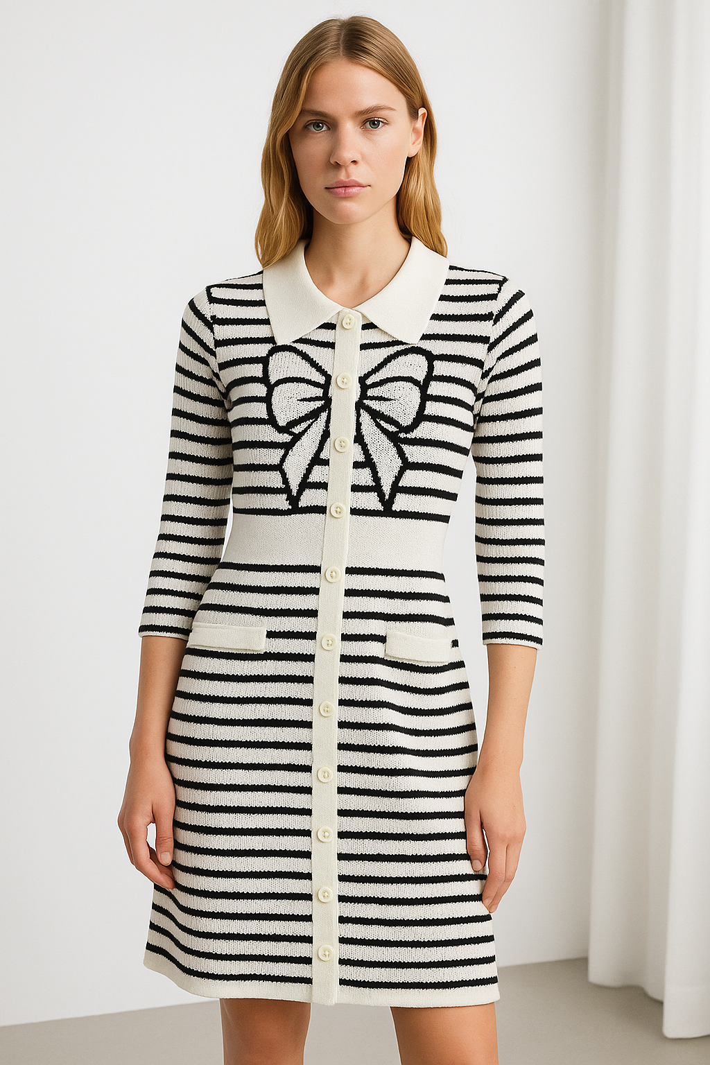 Bow Designed Full Sleeve Black Strip Dress FC1867