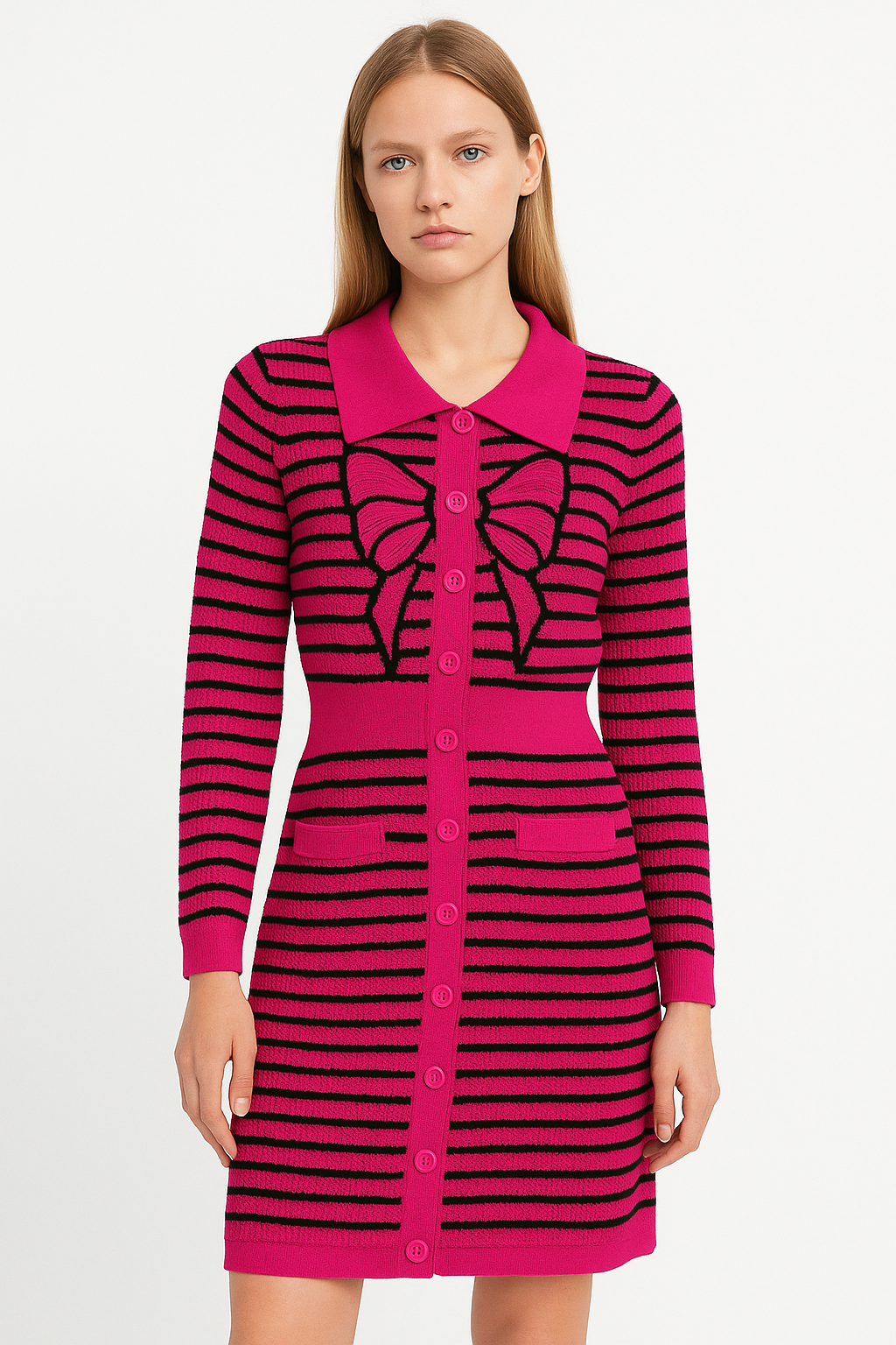 Bow Designed Full Sleeve Black Strip Dress FC1867