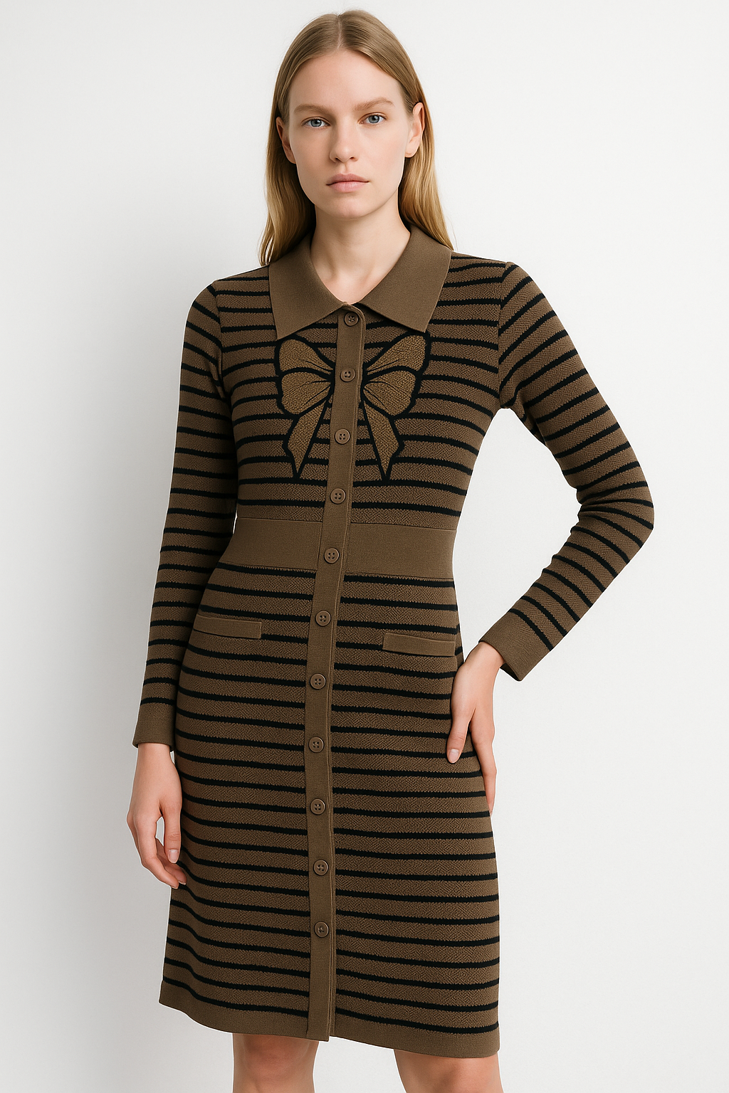 Bow Designed Full Sleeve Black Strip Dress FC1867