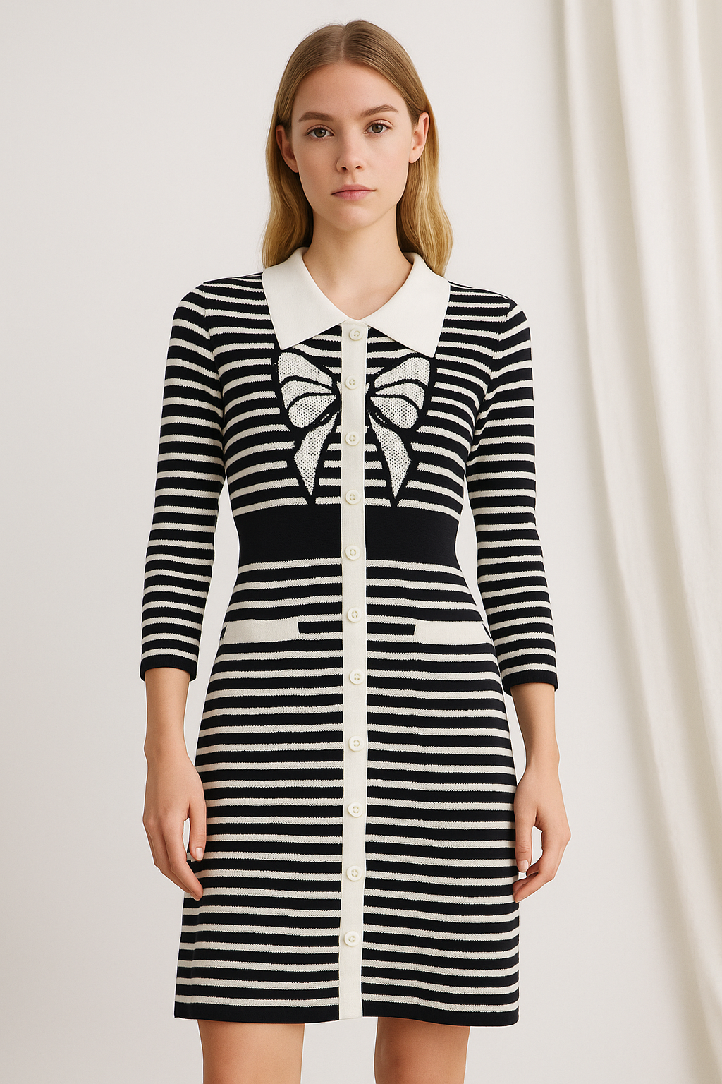 Bow Designed Full Sleeve Black Strip Dress FC1867